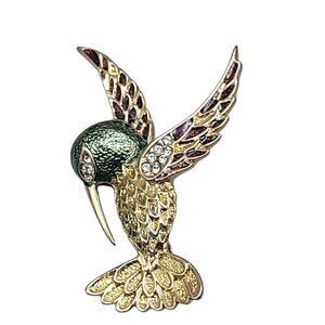 Spinx Green Headed Hummingbird Rhinestone Brooch Vintage Gold Tone Figural Pin